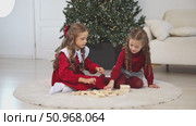Happy family, little sister girls or best friends are sitting on floor near Xmas tree, playing board game with wooden tower together at home while spending leisure Christmas holidays. Footage. Стоковое видео, видеограф Ирина Михайличенко / Фотобанк Лори