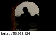 Silhouette of a girl with a violin at sunset whose hair is blowing in the wind. Стоковое видео, видеограф Tatiana Malinsky / Фотобанк Лори