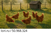 A group of seven brown hens foraging in a green field near a small wooden coop. The scene is set in a rural area with soft morning light. Стоковое AI-изображение, AI-художник Nart / Фотобанк Лори