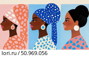 Colorful graphic illustration featuring a trio of stylish Black women with distinct headwraps and hairstyles, embodying cultural beauty and modern elegance. Стоковое AI-изображение, AI-художник Данила Большаков / Фотобанк Лори