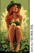 Striking redhead in a leprechaun hat and green bikini, posing alluringly in a vibrant field of clovers, embodying enchanting St. Patrick's Day charm with an artistic, stylized flair. Стоковое AI-изображение, AI-художник Данила Большаков / Фотобанк Лори
