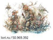 A fantastical watercolor illustration of bizarre bearded creatures clad in organic and plant-based armor. The characters are depicted among dense fantasy flora, where leaves, flowers, and stems intertwine with their clothes and bodies. The work is done in a fabulous, detailed style, combining elements of fantasy, steampunk, and natural magic. Ideal for book design, board games, album covers, and collectible art. Стоковое AI-изображение, AI-художник Анна Кривицкая / Фотобанк Лори