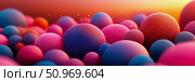A panoramic view of an abstract landscape filled with myriad colorful spheres, some textured and some smooth, bathed in the warm light of a gradient sky with ethereal particles. Стоковое AI-изображение, AI-художник Данила Большаков / Фотобанк Лори