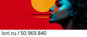 Striking profile of a woman bathed in contrasting neon red and teal light against a vibrant geometric red and yellow background with artistic lines and halftone patterns, embodying modern graphic design. Стоковое AI-изображение, AI-художник Данила Большаков / Фотобанк Лори