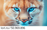Intense and captivating close-up portrait of a powerful wild cat, likely a cougar or puma, with stunning, luminous blue eyes and a focused gaze. Стоковое AI-изображение, AI-художник Данила Большаков / Фотобанк Лори