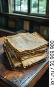 Close-up view of a pile of ancient, fragile manuscripts or books with visible text on rough, discolored pages, placed on a classic wooden desk in a historical study. Стоковое AI-изображение, AI-художник Данила Большаков / Фотобанк Лори
