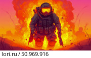 Resilient Operative in a Blazing War Zone: An Armored Soldier with Gas Mask and Weapons Amidst Explosions and Fiery Chaos. Стоковое AI-изображение, AI-художник Данила Большаков / Фотобанк Лори