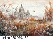 A watercolor illustration of a majestic classical cathedral against a blooming autumn meadow. The building with its domes and columns harmonizes with the natural environment, framed by wildflowers, tall grass and flying birds. The painting is done in a soft, warm palette with a predominance of ochre, pinkish-brown and light gray tones. The image combines tranquility, romance and slight nostalgia. Ideal for themes of architecture, nature, art and autumn. Стоковое AI-изображение, AI-художник Анна Кривицкая / Фотобанк Лори