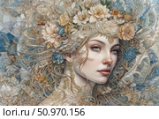 A fantastic female portrait in the Art Nouveau style with the finest decorative elements. The young woman with expressive blue eyes and refined facial features is adorned with an elegant wreath of flowers and curls intertwined with a complex ornamental background. The painting is filled with details that refer to natural motifs, mythology and fairy tale art. Ideal for use in projects related to fantasy, fine illustration, feminine image, spring and the aesthetics of nature. Стоковое AI-изображение, AI-художник Анна Кривицкая / Фотобанк Лори