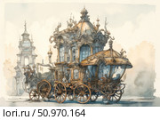 Fantastic watercolor illustration with an elegant and detailed carriage in the Baroque or Rococo style. Architectural elements, decorative curls, ornate shapes and exquisite detailing create the feeling of a fairy-tale parade or court procession. In the background is an airy silhouette of a palace or tower. The atmosphere combines magic and grandeur, ideal for fairy tales, historical or fantasy projects, book design, postcards, wall prints. Стоковое AI-изображение, AI-художник Анна Кривицкая / Фотобанк Лори