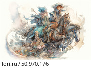 Watercolor fantasy illustration depicting a group of fairy-tale characters riding horses. The central figures are a magician and a sorceress in elegant cloaks and hats, with staffs and scrolls, accompanied by an elven girl and mysterious creatures. The plot is filled with magic, details of nature, flowers and fantastic shapes. A light smoky palette, gentle lines and a dreamy atmosphere create the effect of a fairy tale and a magical journey. Стоковое AI-изображение, AI-художник Анна Кривицкая / Фотобанк Лори