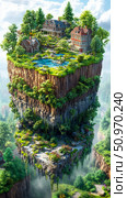 A breathtaking fantasy of a vibrant, lush floating island village, suspended in the sky with charming houses, serene ponds, and cascading greenery over intricate rock formations. Стоковое AI-изображение, AI-художник Данила Большаков / Фотобанк Лори