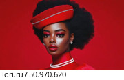 Glamorous studio depiction of a confident woman wearing a red hat, matching makeup, and lustrous pearls. Стоковое AI-видео, аниматор Данила Большаков / Фотобанк Лори