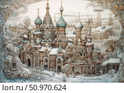 A fantasy illustration of a fairy-tale Russian city with many temples and cathedrals in winter attire. Snowy trees, carved patterns, domes with gilding and turquoise enamel create an atmosphere of a magical Russian winter. The architecture resembles a mixture of Moscow Baroque style and oriental motifs. The image contains elements of fantasy and fairy-tale realism. The work can be used in books, postcards, tourist projects, souvenirs and thematic illustrations. Стоковое AI-изображение, AI-художник Анна Кривицкая / Фотобанк Лори