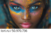 Vibrant close-up portrait of a woman with colorful face paint, showcasing artistic expression and beauty. Стоковое AI-видео, аниматор Данила Большаков / Фотобанк Лори