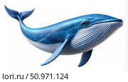 Blue Whale Swimming Against White Background. Generative AI. Стоковое AI-изображение, AI-художник Roman Zavorotny / Фотобанк Лори