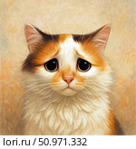 An illustration of a sad, fluffy cat with huge sad eyes and a touching expression on its face. Warm colors, soft texture and realistic fur detailing create the impression that the kitten is asking for help or waiting for comfort. This image is perfect for themes related to animal care, compassion, volunteering, shelters and empathy. Стоковое AI-изображение, AI-художник Анна Кривицкая / Фотобанк Лори