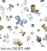 Seamless pattern made from many sewing supplies and eucalyptus leaves. Watercolor vintage tailoring Items. For printing on fabric, clothes, wallpapers, wrap paper package, etc. Стоковая иллюстрация, иллюстратор Larisa Hamukova / Фотобанк Лори