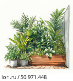 Watercolor illustration of a home mini-garden on a balcony or windowsill. Various green plants and herbs are arranged in pots and wooden boxes, creating a cozy and lively corner. The image conveys an atmosphere of freshness, harmony and care for nature in an urban environment. Perfect for topics related to landscaping, home comfort, botany and eco-design. Стоковое AI-изображение, AI-художник Анна Кривицкая / Фотобанк Лори