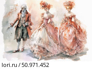 Watercolor illustration in the style of the 18th century, depicting an aristocratic couple - two ladies in luxurious dresses and a gentleman in a suit with a tailcoat. Rich fabrics, graceful silhouettes, hairstyles with decorations and pastel shades create the atmosphere of the Rococo or late Baroque era. The illustration conveys the elegance, theatricality and refined taste of a bygone era. Ideal for the design of historical books, theater programs, fashion projects and vintage collections. Стоковое AI-изображение, AI-художник Анна Кривицкая / Фотобанк Лори