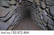 Low angle view of stone tunnel descending into shadowy depths, revealing mysterious passage leading toward hidden, unseen destination with atmospheric intrigue. Стоковое AI-видео, аниматор Данил Руденко / Фотобанк Лори
