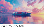 Cargo vessel gracefully navigates the tranquil sea at dawn under a sky ablaze with vibrant hues, reflecting a sense of serene power and global commerce. Стоковое AI-видео, аниматор Данила Большаков / Фотобанк Лори