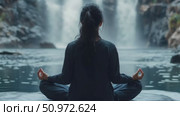 Serene Meditation: Woman in Lotus Position Before a Waterfall, Seeking Inner Peace and Harmony with Nature's Tranquility. Стоковое AI-видео, аниматор Данила Большаков / Фотобанк Лори