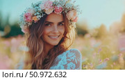 Portrait of a Woman in a Field of Flowers, Wearing a Floral Crown and a White Lace Dress, Smiling Tenderly Under a Bright Sky. Стоковое AI-видео, аниматор Данила Большаков / Фотобанк Лори
