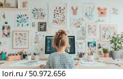 Young artist at desk using computer in art studio filled with drawings and art supplies. Стоковое AI-видео, аниматор Данила Большаков / Фотобанк Лори