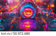 Futuristic circular structure with vibrant neon illumination and intricate circuit patterns, conveying advanced technology. Стоковое AI-видео, аниматор Данила Большаков / Фотобанк Лори