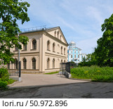 Neo-gothic house and Voronzov Mansion (Novoznamenka Estate, St. Petersburg), blue-and-white Baroque palace by Trezzini and Rinaldi, summer view with green meadow. Стоковое фото, фотограф Елена  Попкова / Фотобанк Лори