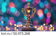Majestic golden cup for champions standing tall on a sleek platform, bathed in the soft glow of festive, blurred orbs. Стоковое AI-видео, аниматор Данила Большаков / Фотобанк Лори