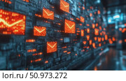 Illuminated abstract cybernetic surface displaying vibrant orange mail symbols and electronic information. Стоковое AI-видео, аниматор Данила Большаков / Фотобанк Лори