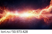 Dynamic abstract representation of a powerful cosmic burst radiating intense light and swirling fiery nebulous formations in deep space. Стоковое AI-изображение, AI-художник Данила Большаков / Фотобанк Лори