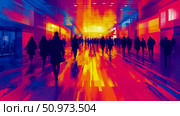 Dynamic Urban Commute: Silhouetted Figures Navigate a Vivid Thermal Spectrum of Light and Color in a Bustling Modern Concourse. Стоковое AI-изображение, AI-художник Данила Большаков / Фотобанк Лори