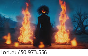 Mysterious Silhouetted Entity with Intense Glowing Eyes Standing Between Blazing Fires Under a Somber Twilight Sky. Стоковое AI-видео, аниматор Данила Большаков / Фотобанк Лори