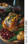 Glorious Golden Roasted Whole Poultry Dish Garnished with Bright Cranberries and Fresh Rosemary for a Festive Occasion. Стоковое AI-видео, аниматор Данила Большаков / Фотобанк Лори