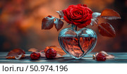 Single Red Rose in Heart-Shaped Vase with Autumnal Accents. Стоковое AI-изображение, AI-художник Данила Большаков / Фотобанк Лори