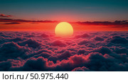 Aerial View of a Sunset Over a Sea of Clouds: A breathtaking panorama showcasing the vibrant colors of a setting sun casting a warm,reddish-pink glow on a vast expanse of fluffy cumulus clouds,creating a serene and awe-inspiring scene. Стоковое AI-изображение, AI-художник Данила Большаков / Фотобанк Лори