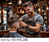 Улыбающийся парикмахер в профессиональном фартуке с инструментами делает креативную стрижку. Стоковое AI-изображение, AI-художник Владислав Дельдюгинов / Фотобанк Лори