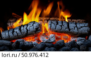 Burning Embers and Flames in a Fireplace: A Close-Up View of Glowing Coals and Crackling Wood. Стоковое AI-изображение, AI-художник Данила Большаков / Фотобанк Лори
