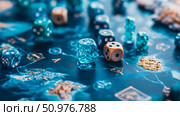 Close-up of Colorful Dice on a Board Game, Tabletop Gaming, Strategy, Blue and Gold Theme. Стоковое AI-изображение, AI-художник Данила Большаков / Фотобанк Лори