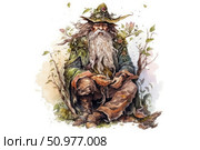 Artistic watercolor illustration of an old forester with a long gray beard, sitting surrounded by forest plants. His clothes merge with nature - moss, leaves, flowers are woven into the fabric and hat. The image resembles a character from folk tales, a wise guardian of the forest or a spirit of nature. Ideal for decorating fairy tale books, fantasy projects, illustrations for legends and environmental themes. Стоковое AI-изображение, AI-художник Анна Кривицкая / Фотобанк Лори