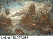 A detailed steampunk fantasy illustration of a fairytale coastal town with fantastic architecture, stormy seas and billowing clouds. Boats move along the waves, airships soar in the sky and the buildings are decorated with towers, chimneys and complex mechanisms. The atmosphere is mysterious and adventurous, visually rich and inspiring. Ideal for book design, games, tabletop RPGs, posters and collectible art projects. Стоковое AI-изображение, AI-художник Анна Кривицкая / Фотобанк Лори
