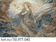 A fantasy watercolor illustration of a graceful woman in a richly decorated dress, as if woven from gold and clouds. Her blond hair flutters in the wind, and the surroundings resemble a magical flow of elements - water, air and earth, intertwined in a decorative pattern. The image combines mysticism, grace and symbolism of an ancient fairy tale. Ideal for book design, posters, packaging, board games, art projects and collectible editions. Стоковое AI-изображение, AI-художник Анна Кривицкая / Фотобанк Лори