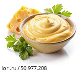 Creamy Cheese Sauce in Bowl With Cheese Wedge and Parsley. Generative AI. Стоковое AI-изображение, AI-художник Roman Zavorotny / Фотобанк Лори