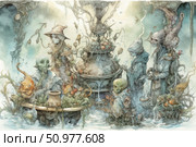 A fairytale scene featuring magical creatures and alchemists gathered around an ancient cauldron among fantastic plants and magical artifacts. The illustration is done in a watercolor style with rich detail and elements of dark fantasy. The characters have unusual faces reminiscent of elves, goblins and nature spirits. The atmosphere is mysterious and mystical, with a touch of magical ritual and ancient knowledge. Suitable for decorating books, games, posters and other creative projects in the fantasy genre. Стоковое AI-изображение, AI-художник Анна Кривицкая / Фотобанк Лори