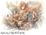 A delightful fantasy watercolor illustration featuring a multitude of female figures intertwined with flowers, fish, birds and fabrics, creating a sense of an airy whirlpool of dreams. The composition is filled with grace, tenderness and symbolism of the elements of water and air. Each character is like a part of a single mythological symphony. The work is executed with exquisite detailing and a soft color palette. Suitable for book design, calendars, postcards, music covers, textiles and art prints. Стоковое AI-изображение, AI-художник Анна Кривицкая / Фотобанк Лори