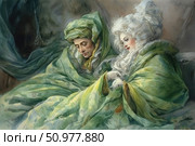 Atmospheric watercolor illustration of a couple in historical costumes, wrapped in rich green fabrics. The woman has an 18th century hairstyle and a fur cape, the man in an oriental headdress. The painting conveys a sense of warmth, care and privacy against the backdrop of a cold winter evening. The work is filled with details, fabric textures and exquisite expressiveness of faces. Suitable for themes of historical romanticism, costume era, art and interior reproductions. Стоковое AI-изображение, AI-художник Анна Кривицкая / Фотобанк Лори