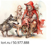 A watercolor illustration based on the fairy tale of Little Red Riding Hood. The painting depicts three characters: a smiling girl in a red cape, an elderly woman (presumably a grandmother) dressed in the same clothes, and a wolf with a predatory look. The illustration is done in a soft color palette with detailed elaboration and a slight humorous accent. The scene is filled with a fairy-tale atmosphere and is perfect for children's books, educational materials, illustrations for fairy tales and topics related to folklore. Стоковое AI-изображение, AI-художник Анна Кривицкая / Фотобанк Лори